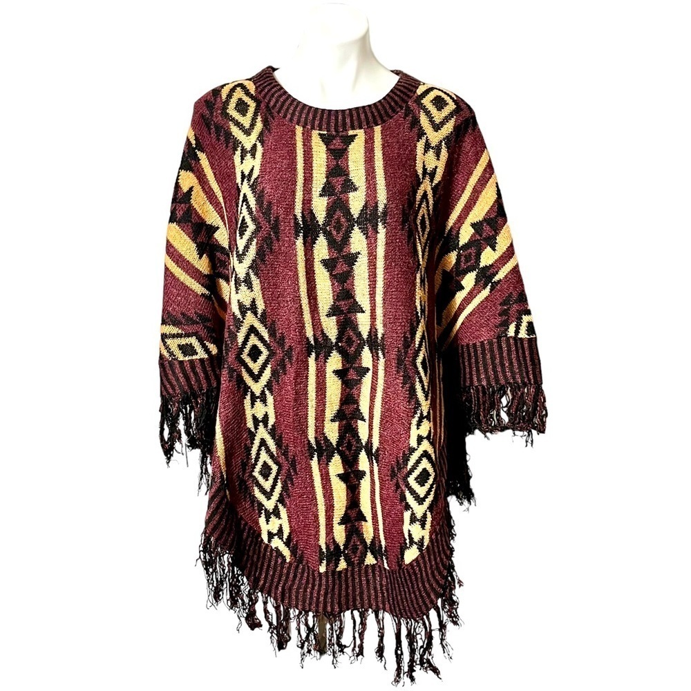 True Navajo Print Fringe Poncho New With Tags Maroon One Size